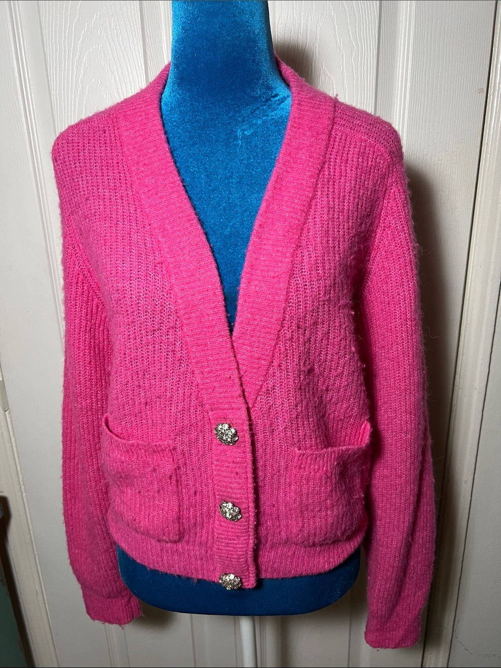 GANNI Hot Pink Fuzzy Cardigan Sweater XS S